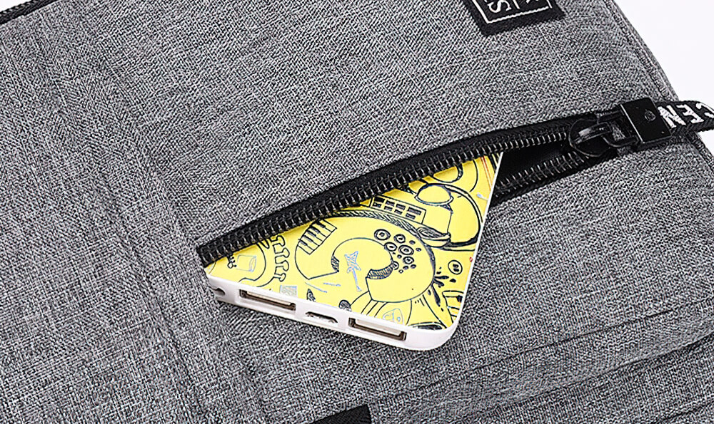Close-up of gray waterproof shoulder bag with yellow-printed phone inside front zippered pocket, perfect for stylish men on the go.
